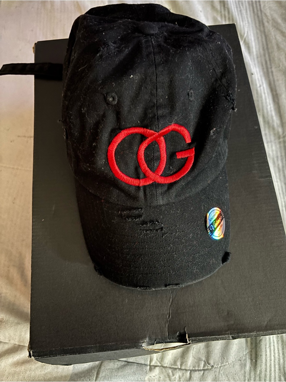 Black OG Logo Distressed Baseball Cap - Red Embroidery